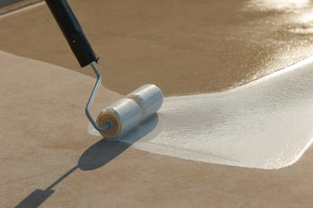 Roller applying a clear satin coating to a sunlit exterior concrete slab