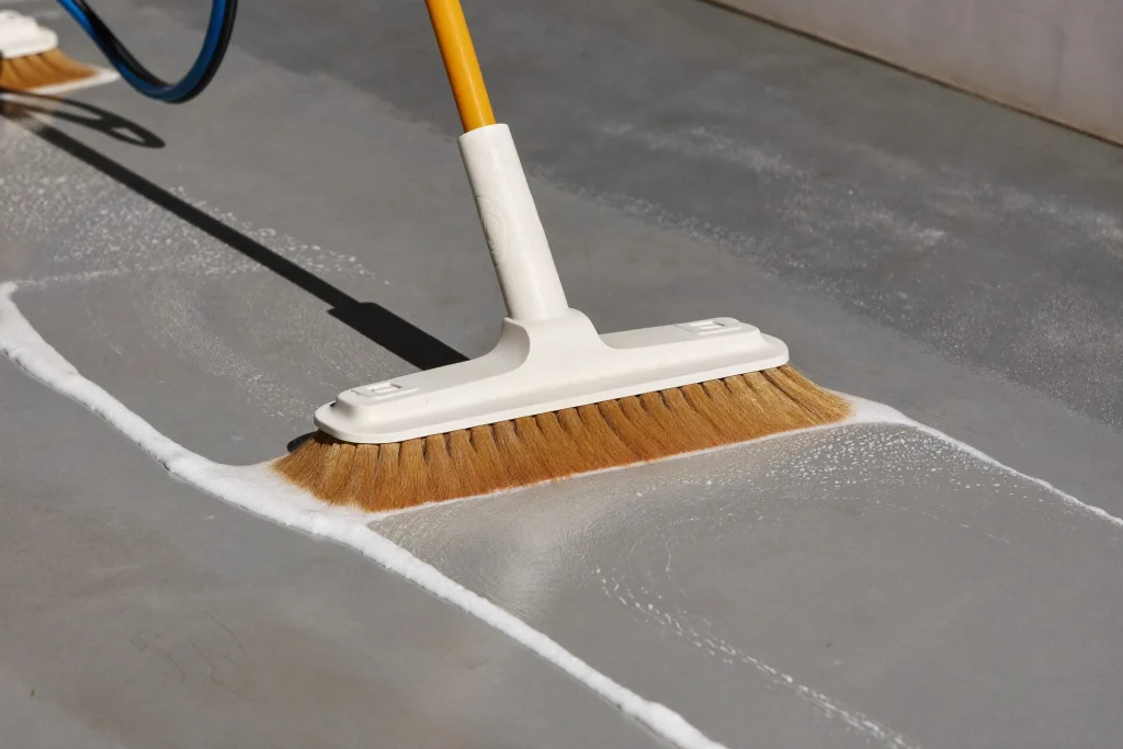 Scrubber-dryer brush head cleaning a grey resin floor
