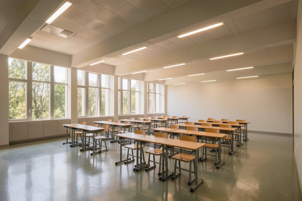 Empty, sunlit school classroom with timber desks on a seamless pale resin floor