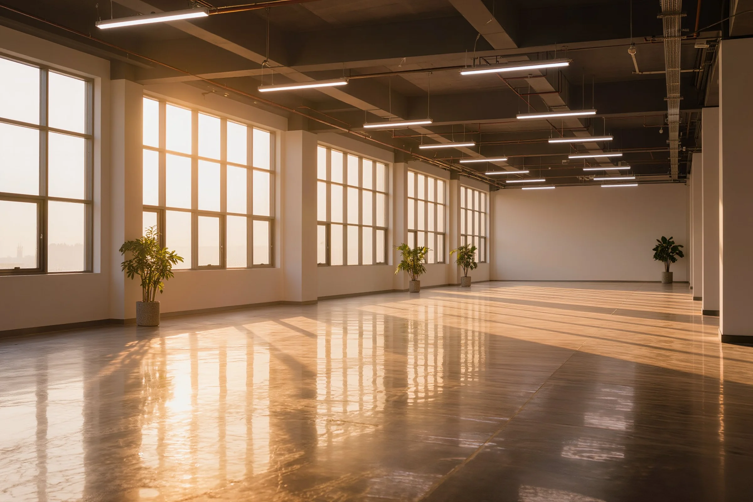 Seamless glossy epoxy floor catching late-afternoon sun in a bright, empty commercial space