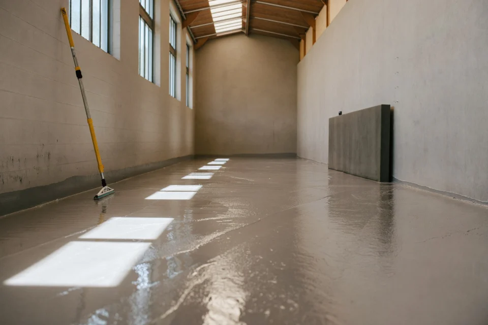 Freshly mopped glossy epoxy warehouse floor with a squeegee against the wall