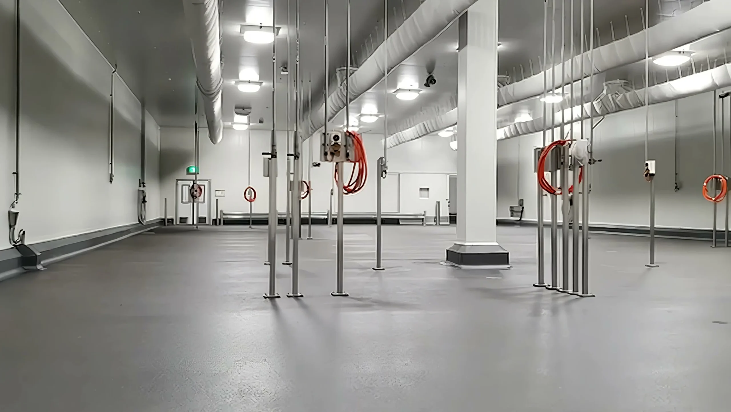 The finished Hycrete floor in use at Arnott's and Good Food Partners: a grey corridor with yellow hatched walkways