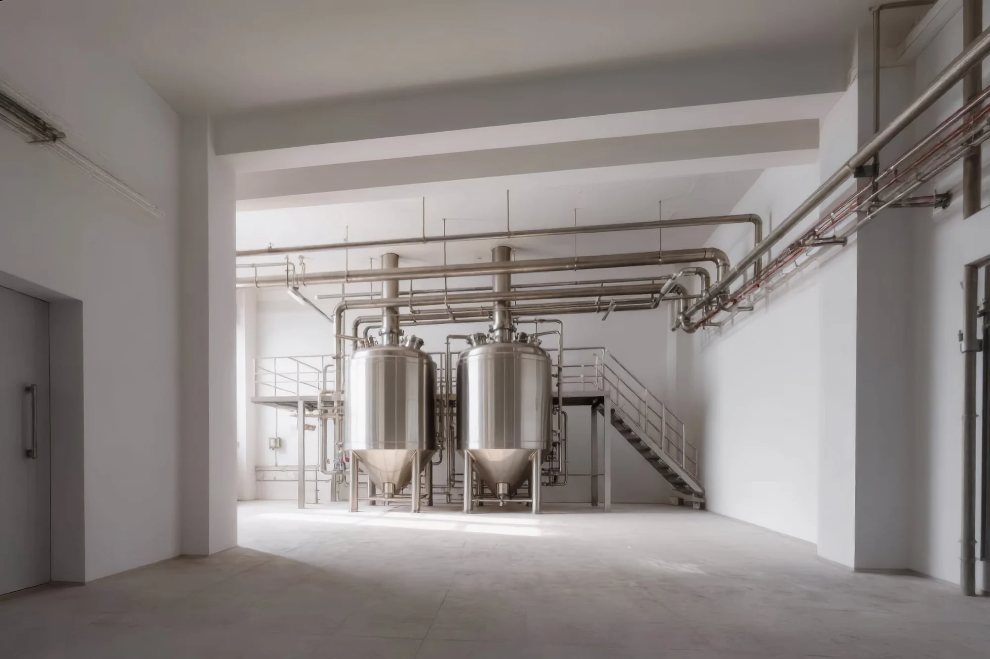 Stainless mixing vessels and sealed drums on the floor of a resin manufacturing plant